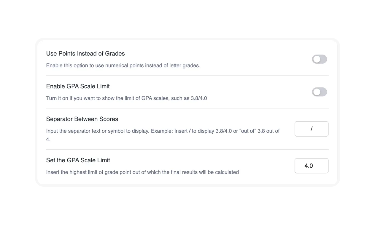 Settings panel with four toggle/input rows: