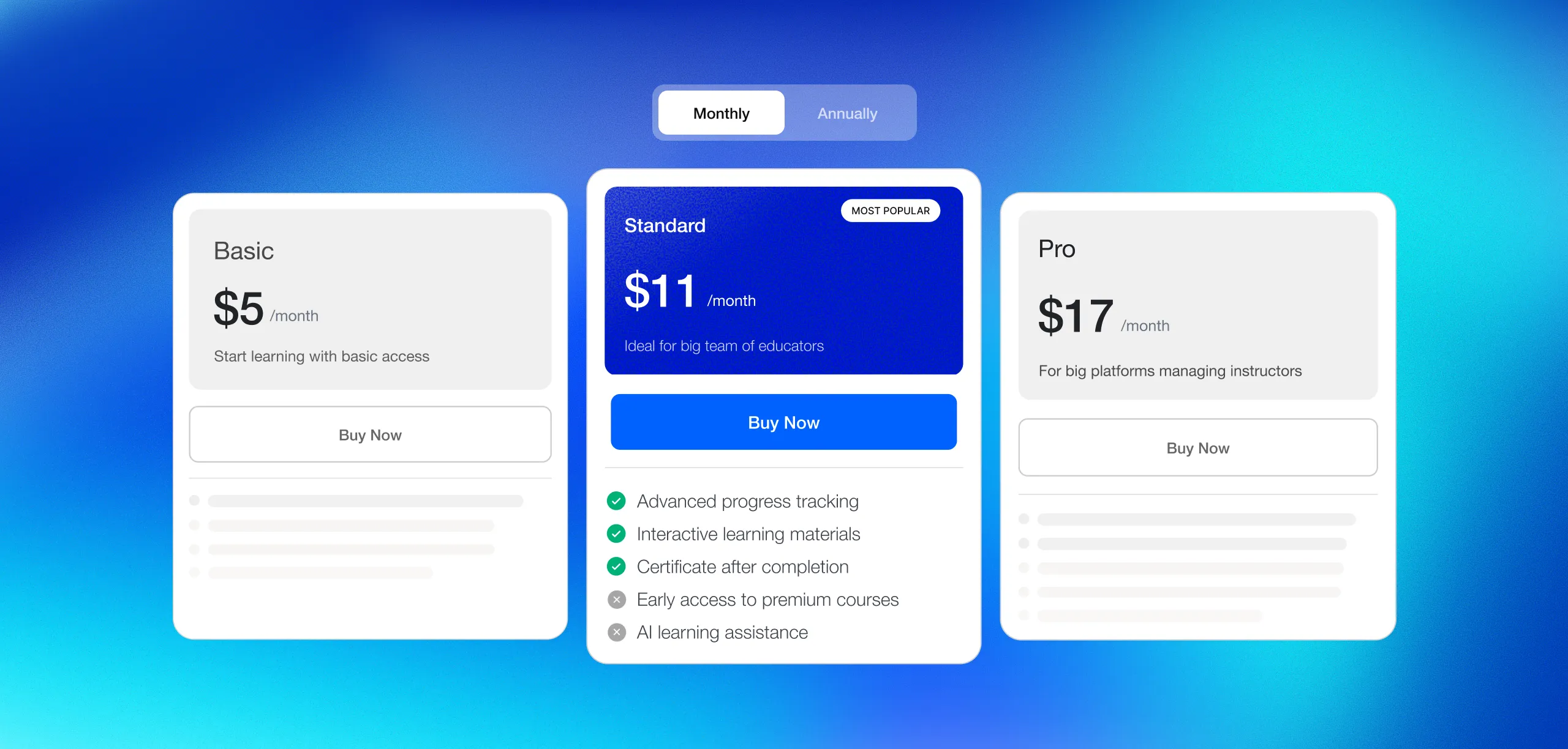 A TutorLMS membership pricing table showing three tiers — Basic at $5/month, Standard at $11/month (most popular), and Pro at $17/month — with a monthly/annually toggle, illustrating how platform owners can offer structured membership plans with varying levels of access, from basic learning to full instructor management.