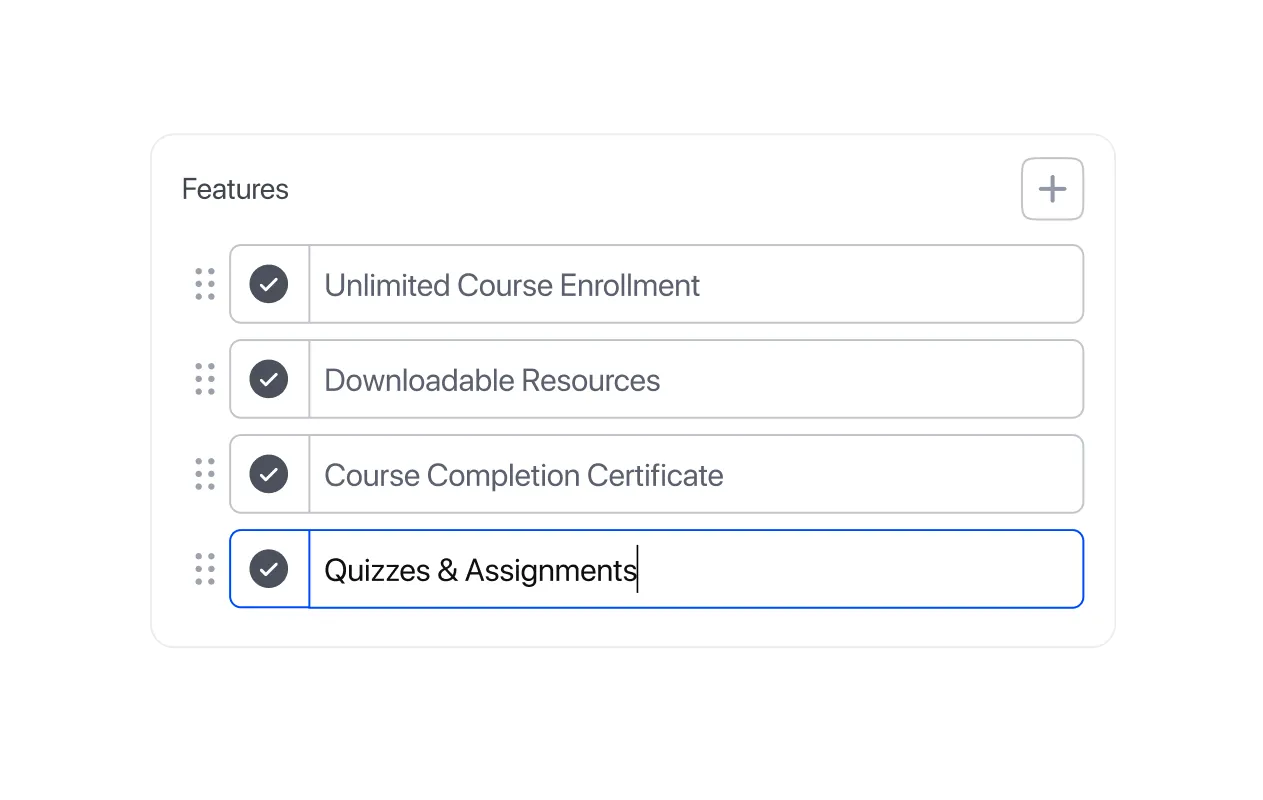 A TutorLMS plan builder showing a draggable features list with Unlimited Course Enrollment, Downloadable Resources, Course Completion Certificate, and Quizzes & Assignments — illustrating how instructors can clearly communicate what each membership tier includes before a student commits.