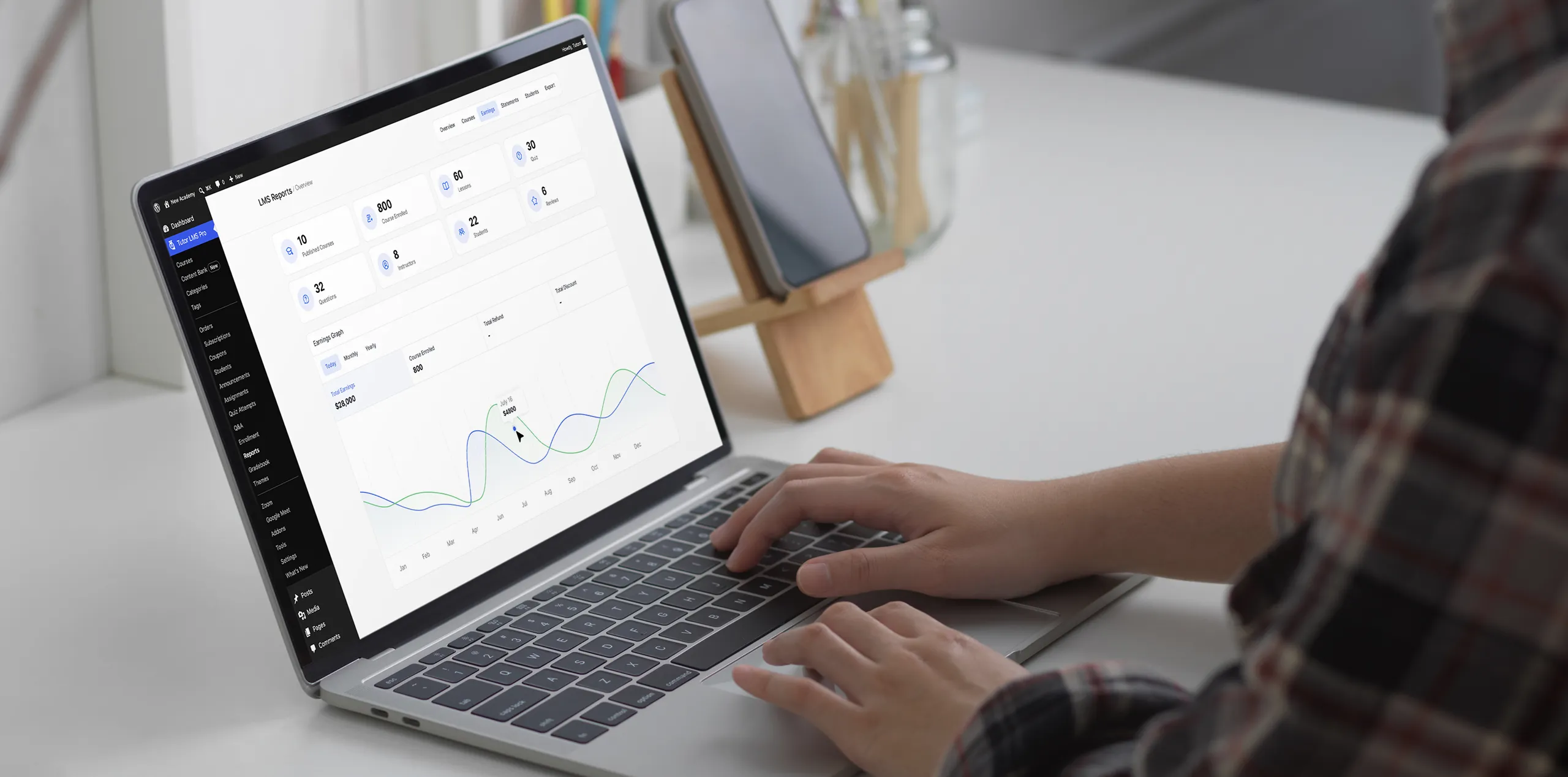 A TutorLMS membership analytics dashboard displayed on a tablet, showing 300 total subscriptions, $13,542 in earnings, and a 7-month average membership duration — with callouts highlighting active membership tracking, a revenue dashboard, and plan performance insights for instructors managing a subscription-based learning business.