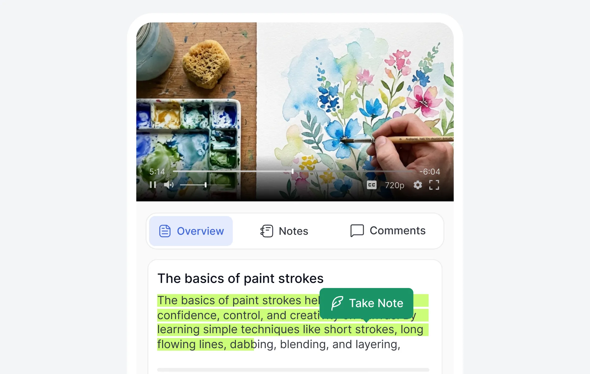 A video lesson player showing a watercolor painting tutorial, with the lesson text below highlighted in green and a 
