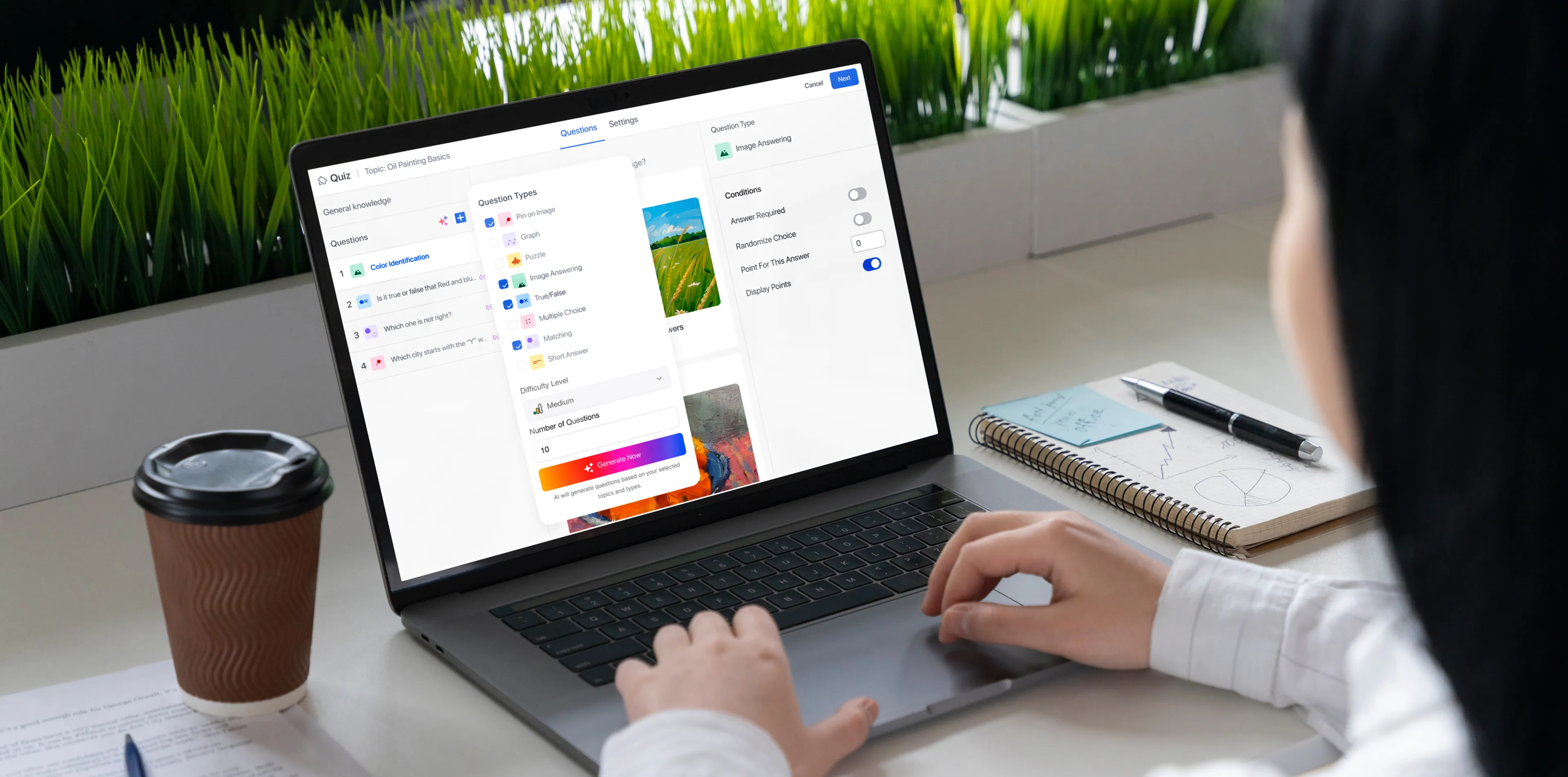 An instructor builds an AI-generated quiz on the TutorLMS quiz builder, with feature callouts highlighting context-aware quizzes, support for all question formats, difficulty control, and custom question count — showing how quickly a fully configured quiz can be created from a single screen.
