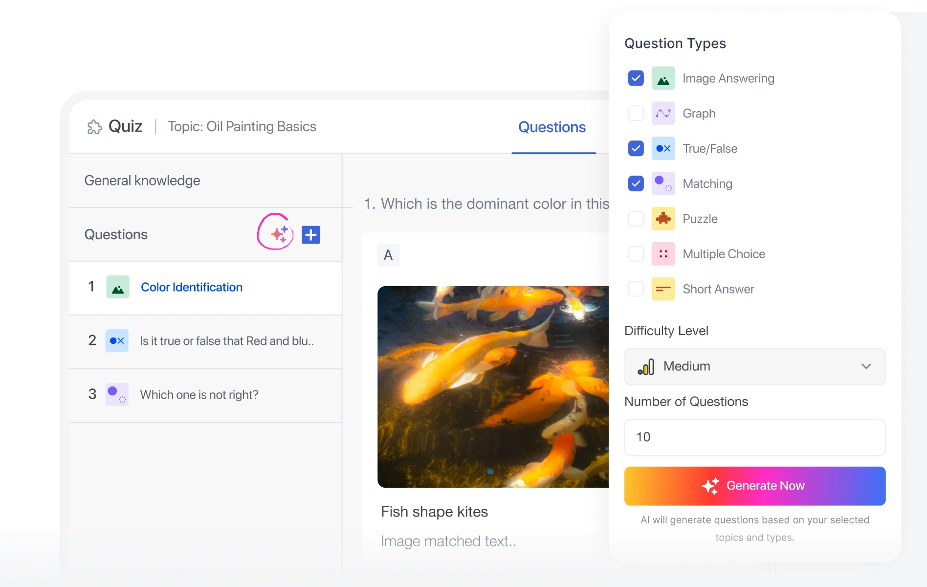 AI quiz generator with question type selection panel
