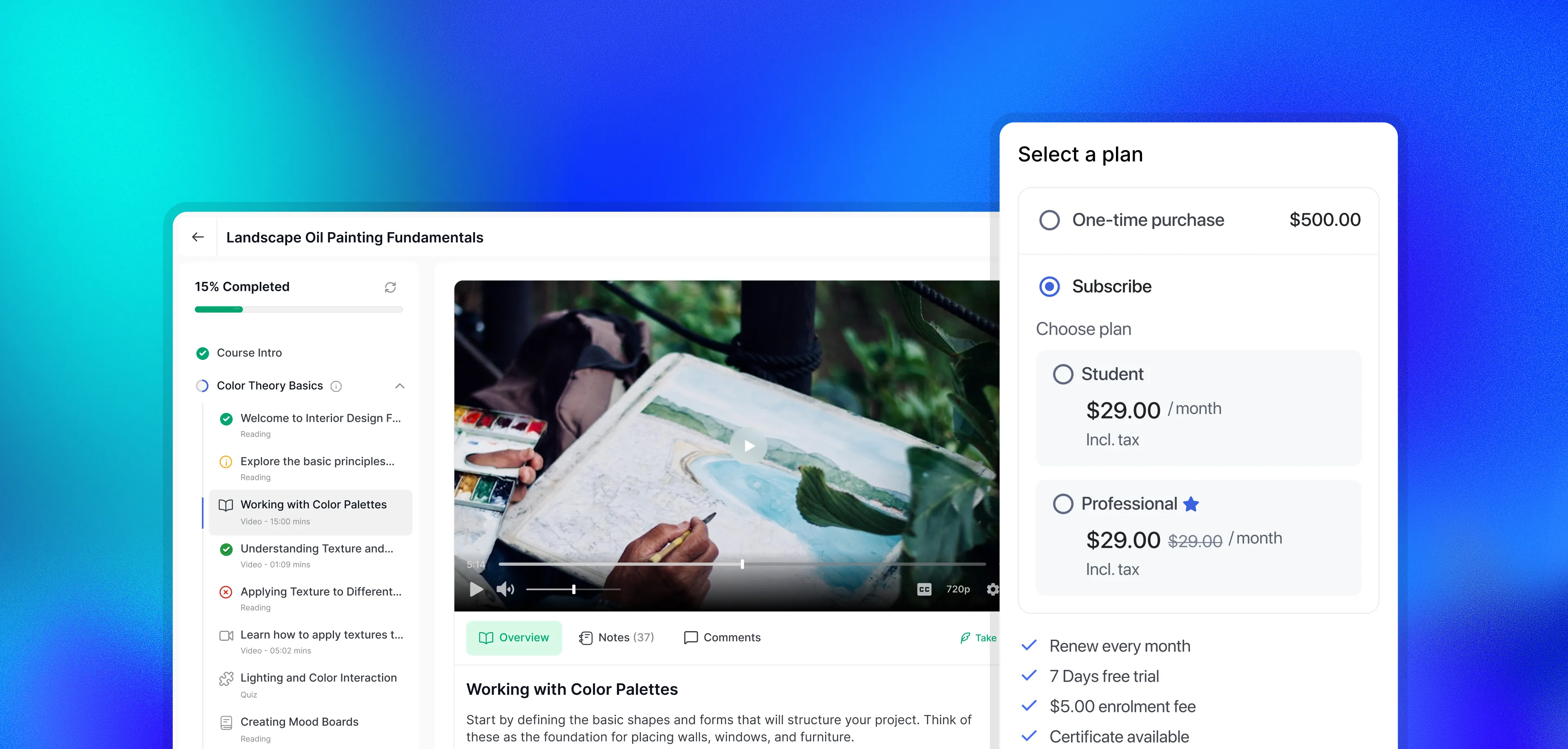 Product mockup on a gradient background showing a course video player for