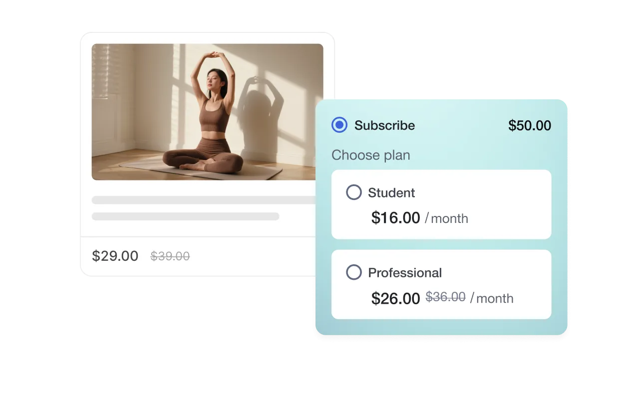 A TutorLMS course-specific subscription UI showing a yoga course priced at $29 with two subscription tiers — Student at $16/month and Professional at $26/month (discounted from $36) — illustrating how instructors can attach multiple subscription plans directly to individual courses.