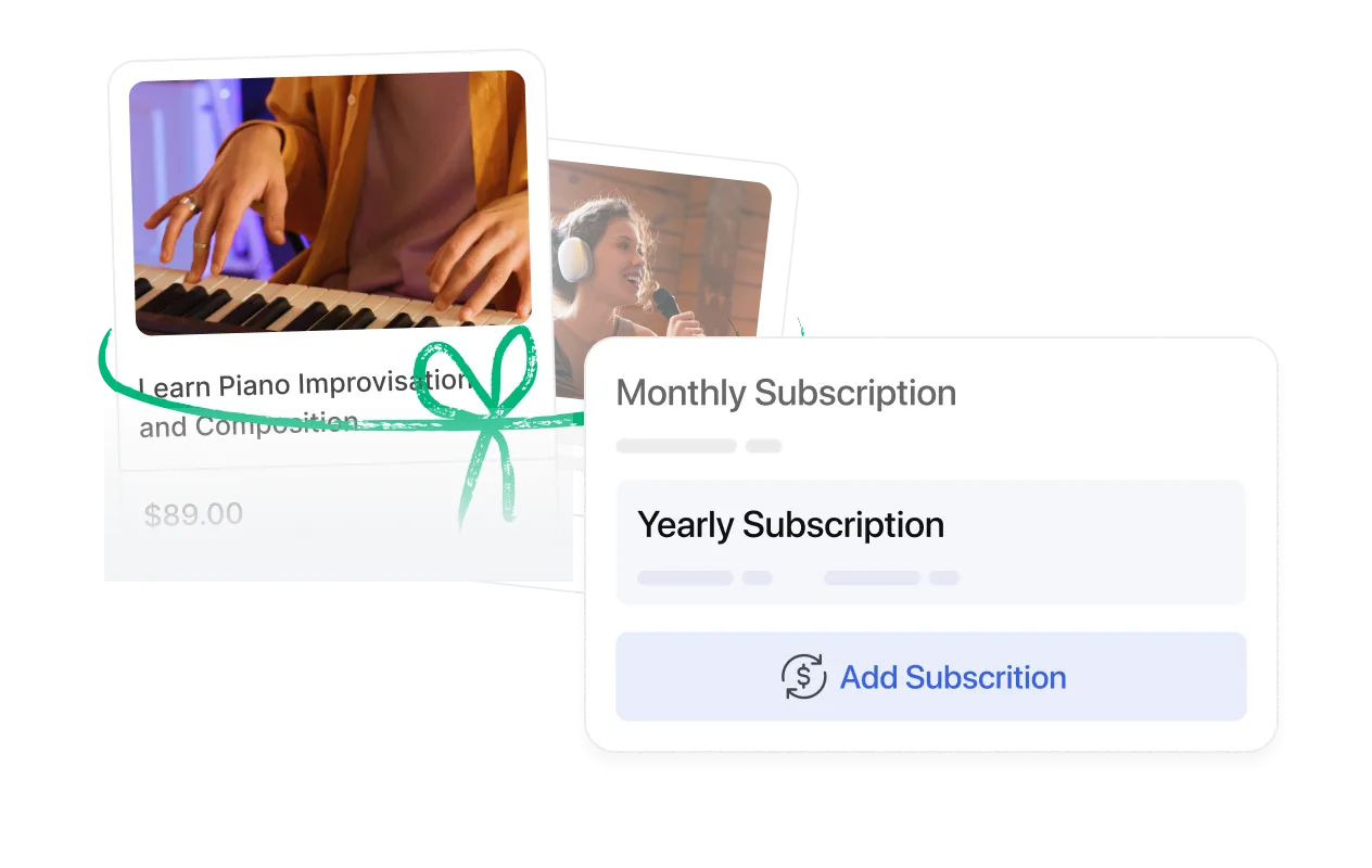 A TutorLMS course bundle subscription UI showing a music bundle — including a piano improvisation course priced at $89 — with monthly and yearly subscription options and an
