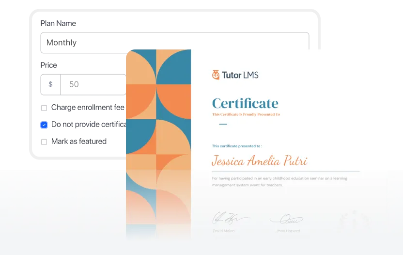 A subscription plan settings panel alongside a course completion certificate issued to Jessica Amelia Putri — showing how instructors can restrict certificate access to specific subscription tiers, making credentials a built-in incentive to upgrade.
