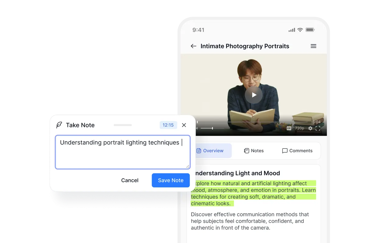 Mobile lesson view with note-taking popup and highlights