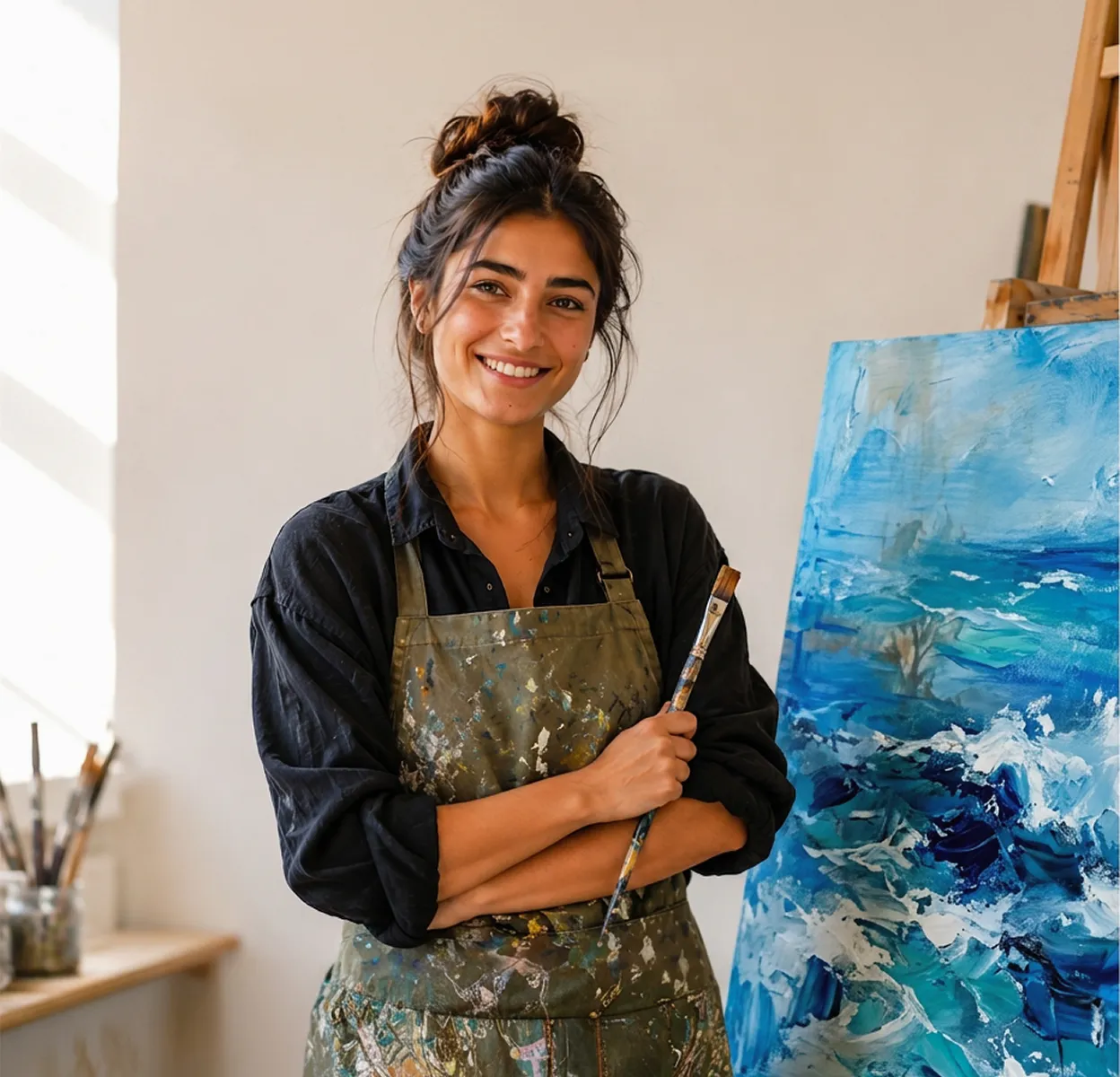 A solo creator stands confidently in her art studio holding a paintbrush, wearing a paint-stained apron with a canvas painting visible behind her — a self-made instructor building and selling her own painting courses independently.