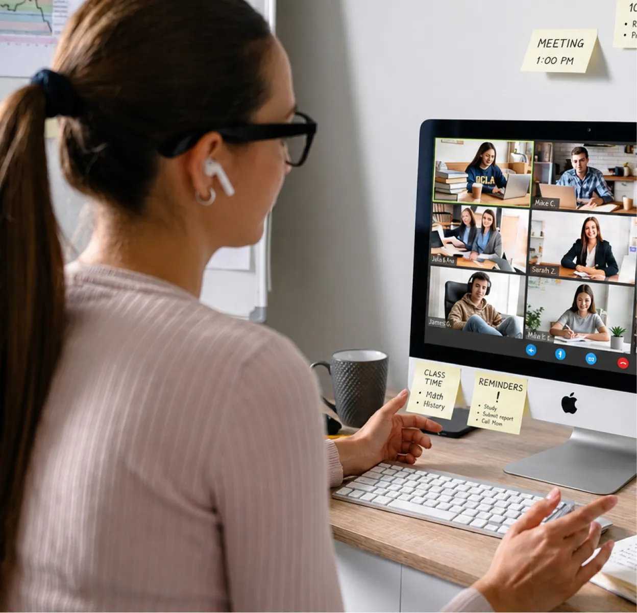 An instructor taking online class in zoom meeting.