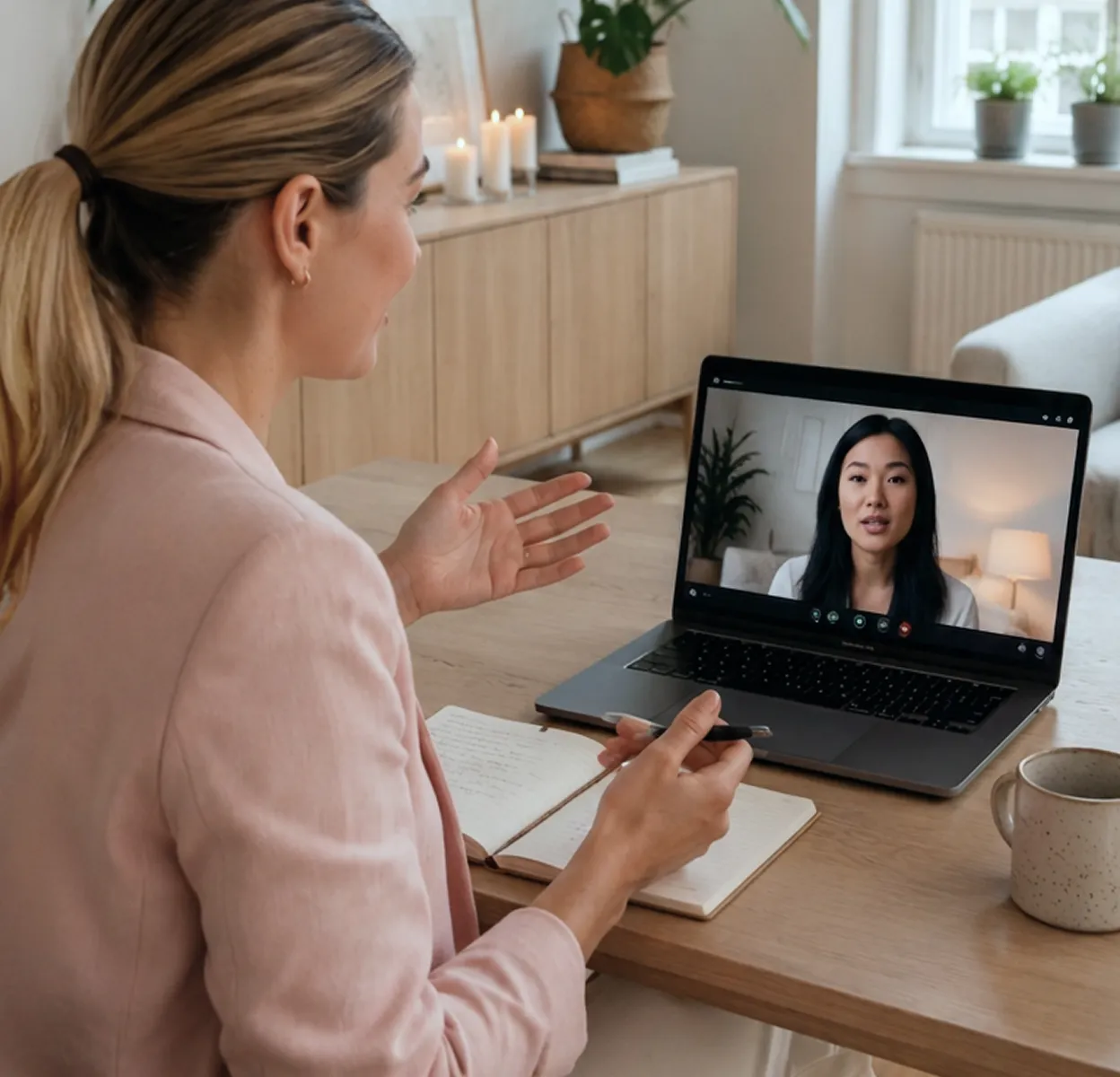 A certified life consultant talking to her patient through live zoom meeting in laptop on a beige color desk with note