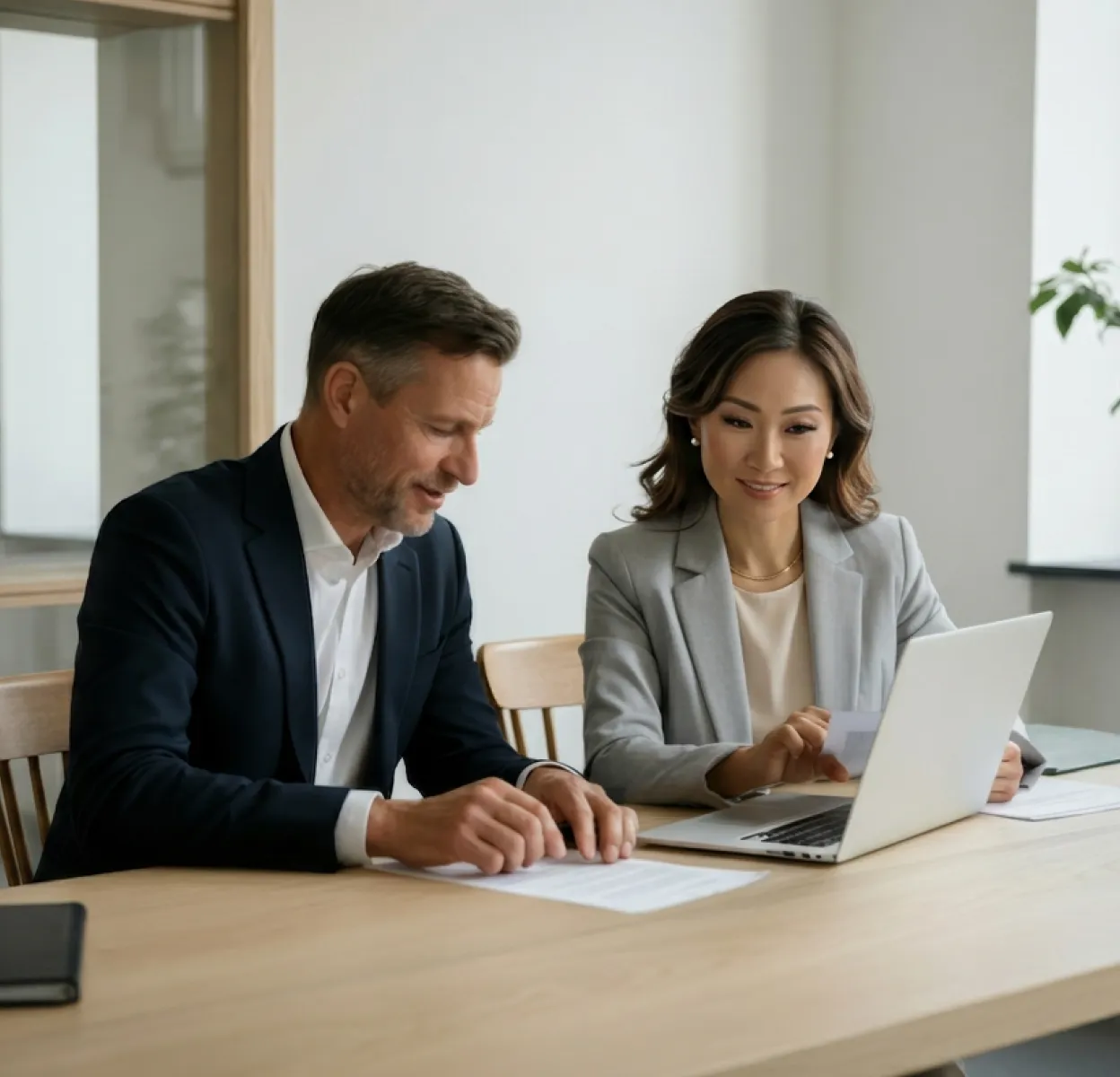 Two instructors review course content together on a laptop in a clean modern office — representing a multi-instructor marketplace where educators collaborate and co-teach on the same platform.