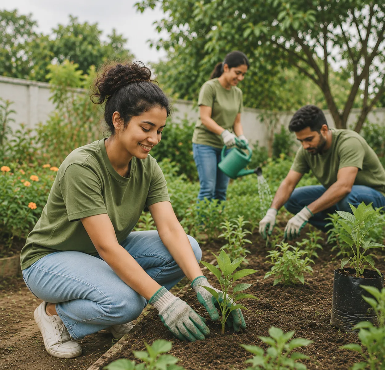 A group of volunteers plant seedlings in a community garden, working together across raised beds — representing nonprofits and community organizations delivering hands-on training and education programs.