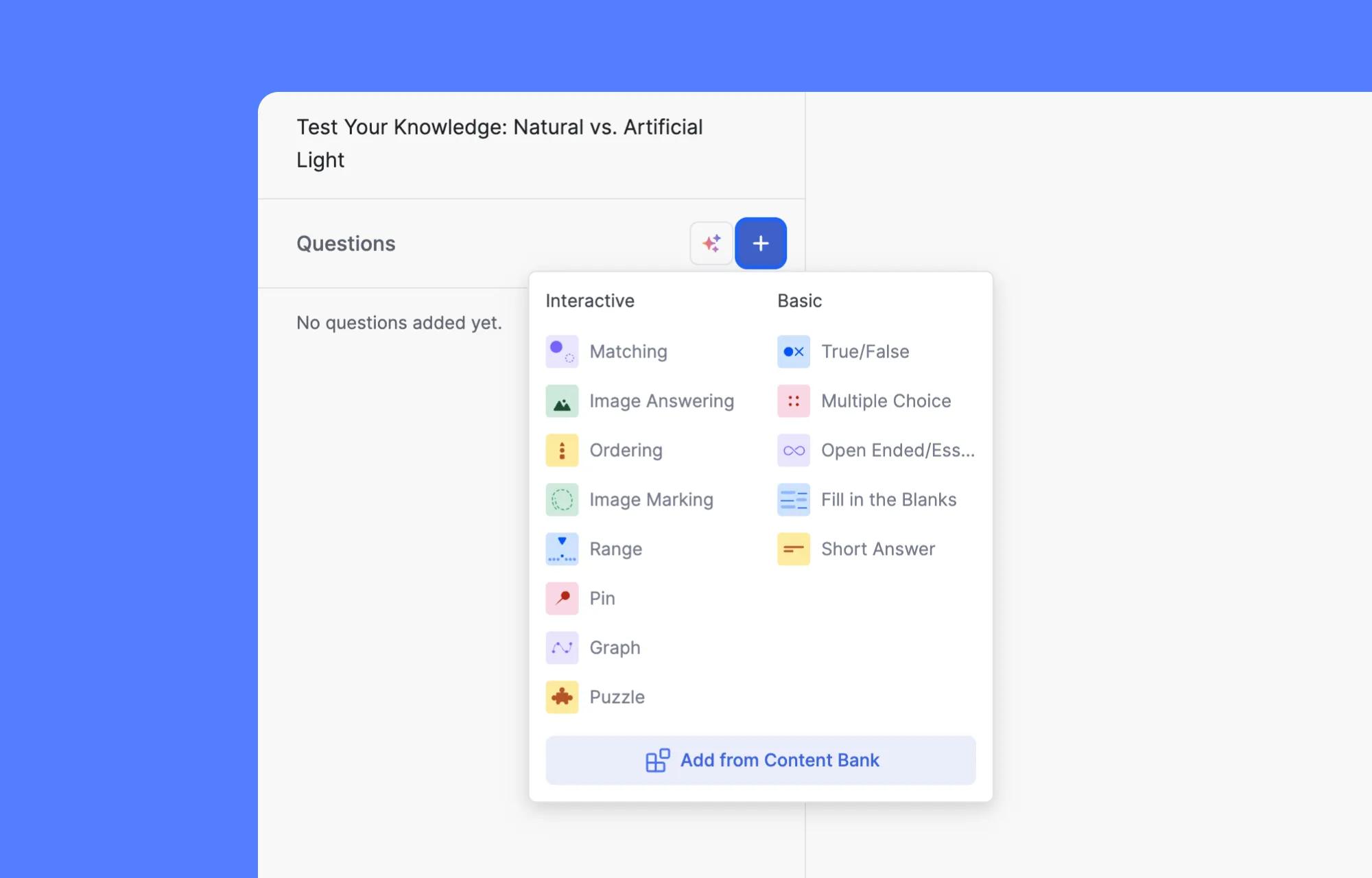 Tutor- List of quiz question formats