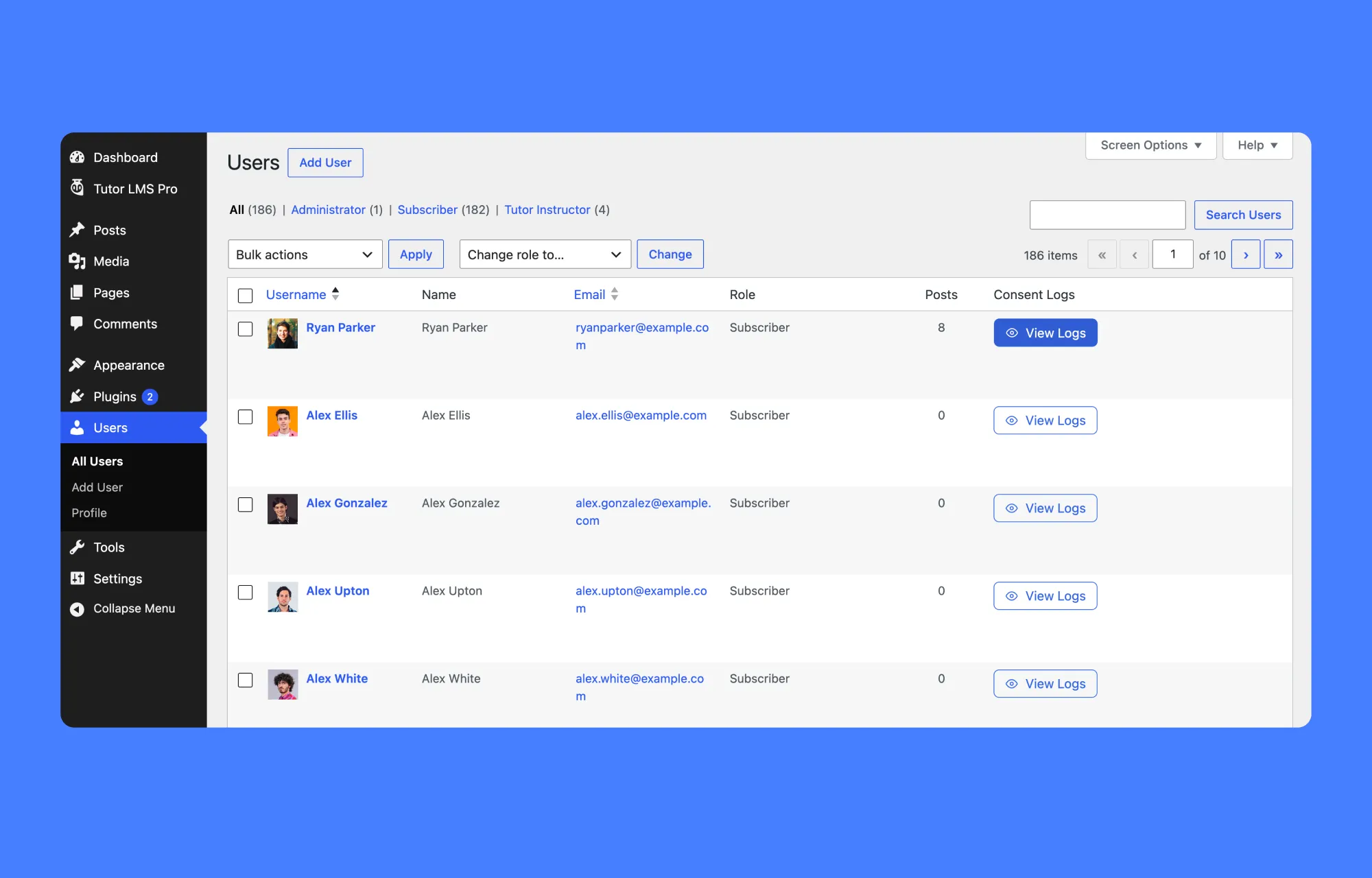 Dedicated all WordPress users View Logs button