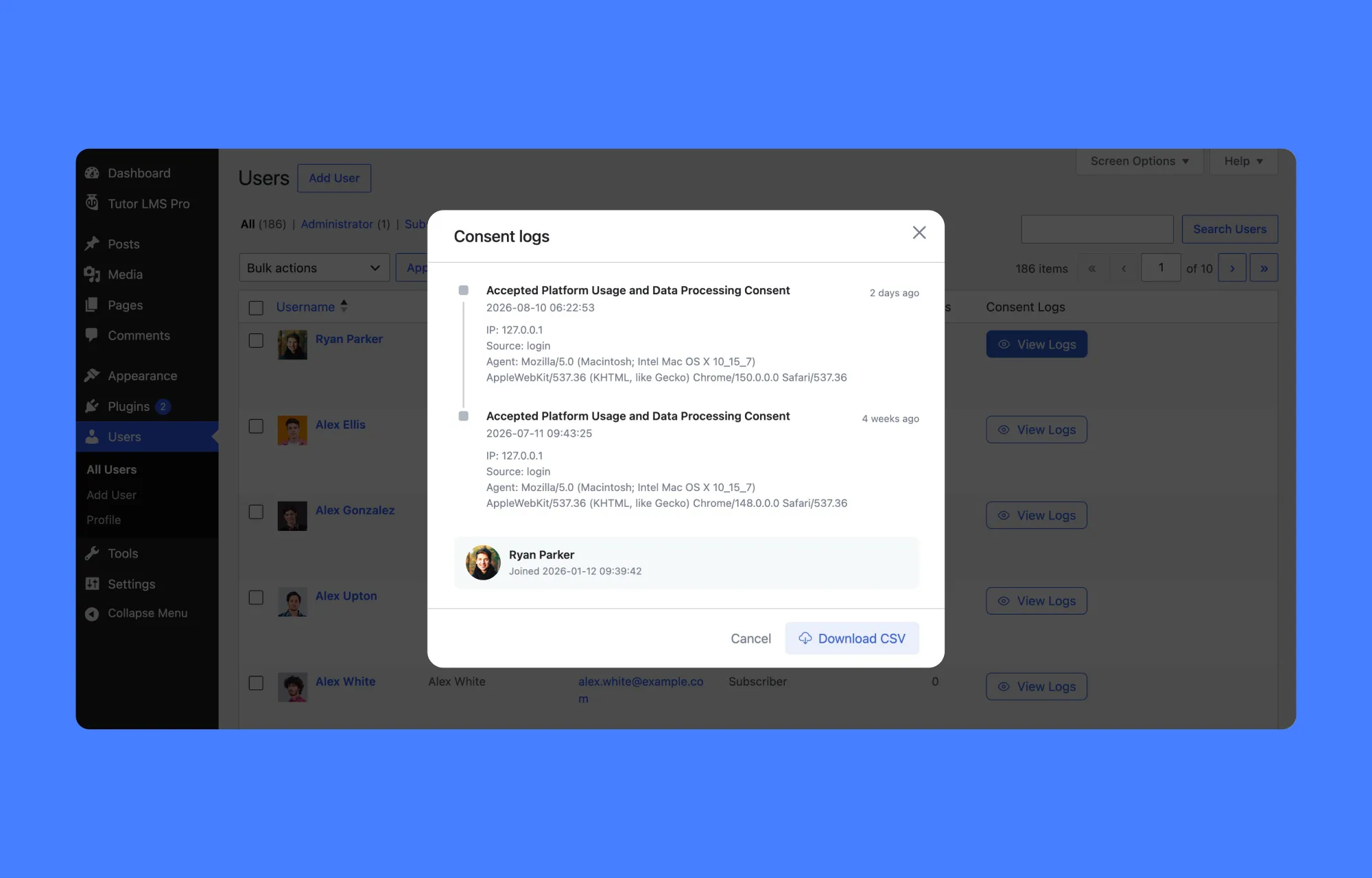 Tutor LMS Legal Consents- consent log modal