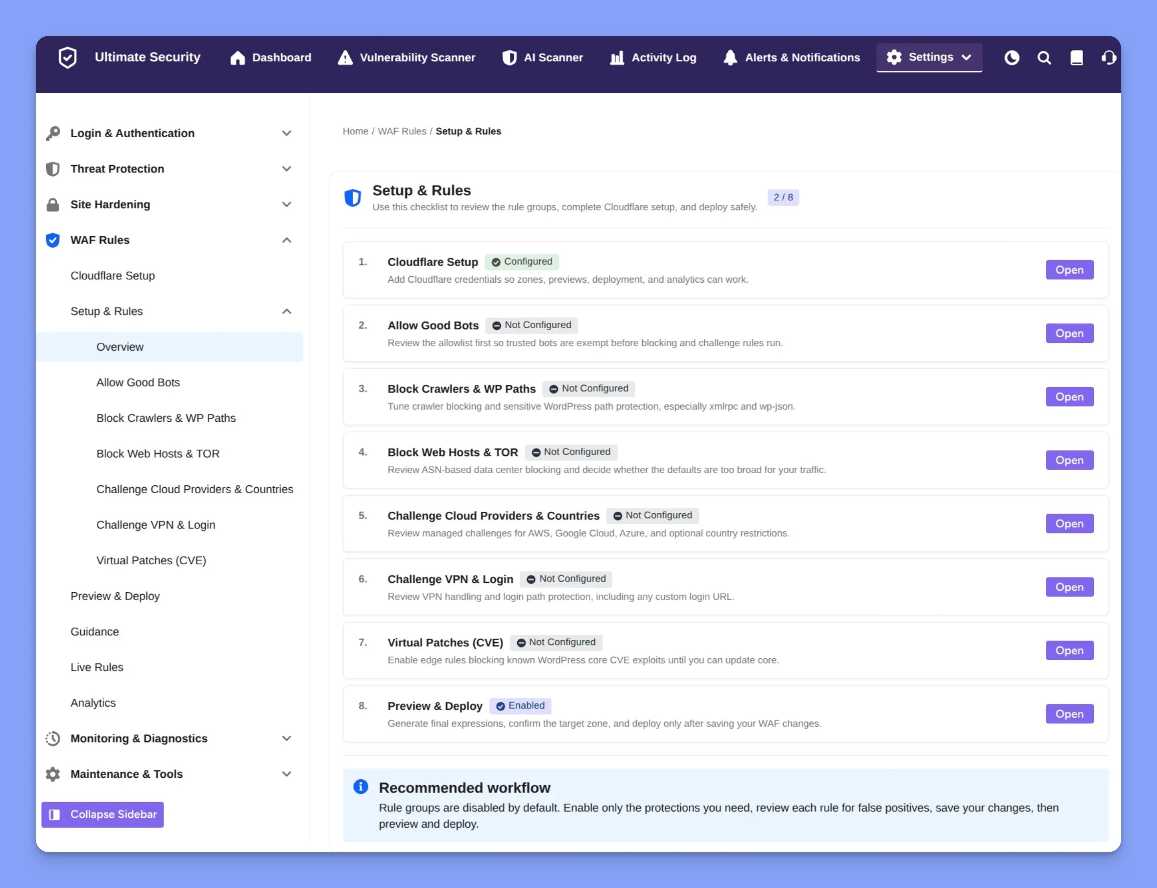 Cloudflare WAF rules settings