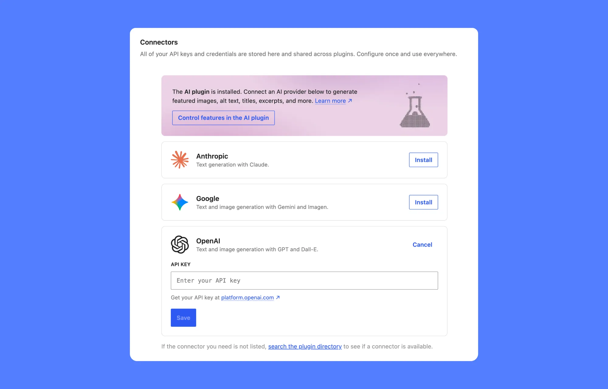 Install or open an AI provider for WordPress AI Connector