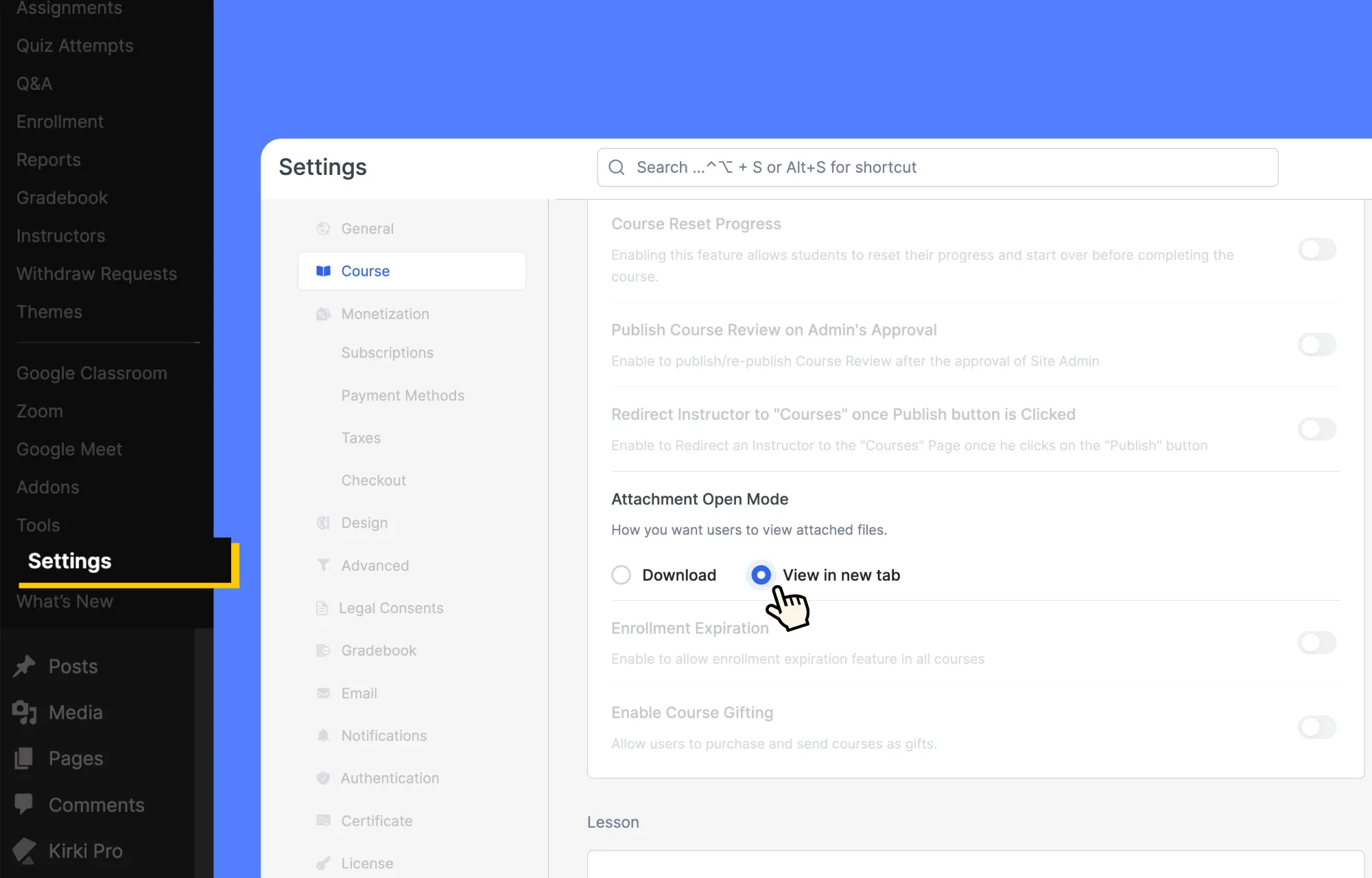 Tutor LMS Settings Attachment Open Mode