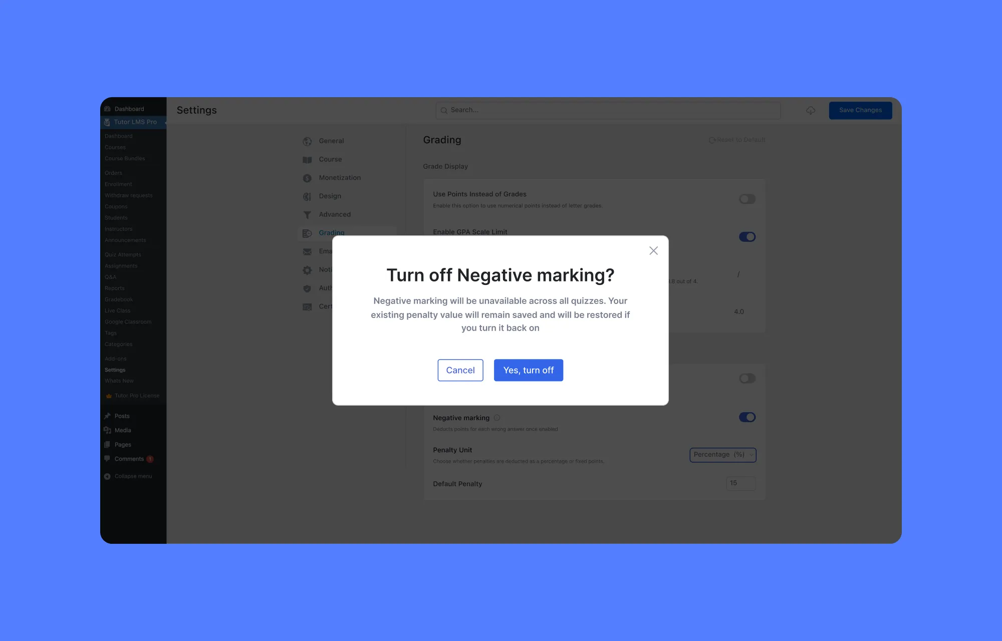 Tutor LMS- Negative Marking disable confirmation